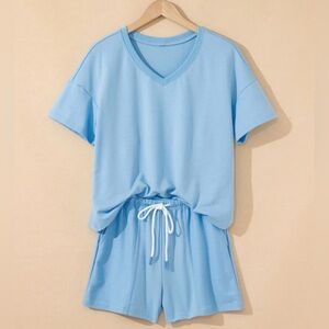 V-Neck Short Sleeve Sleep Set - Sky Blue